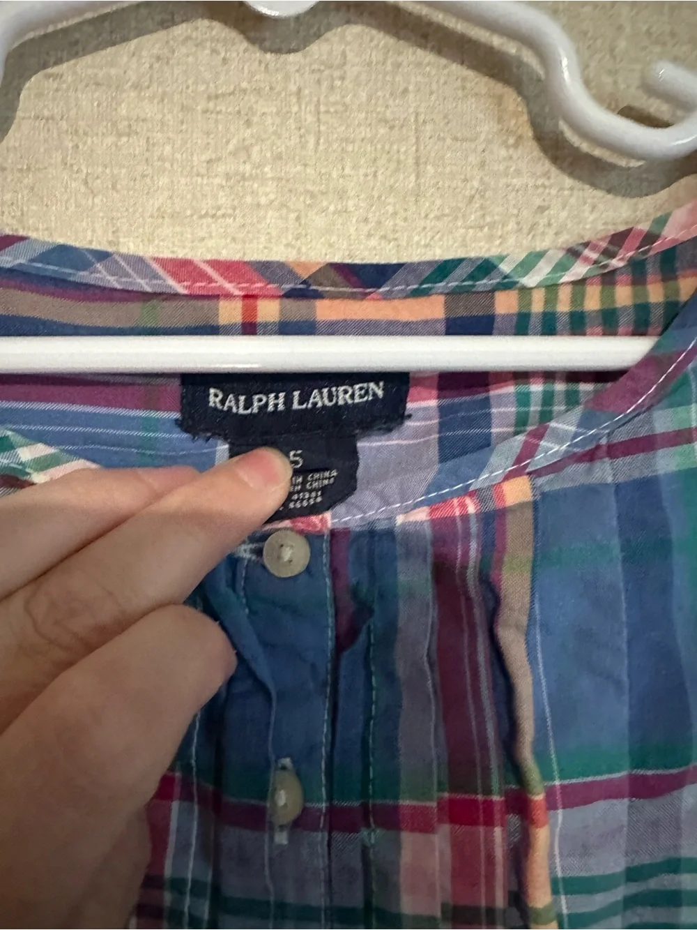 Ralph Lauren Girls Size 5 Plaid Button-Front Roll-Sleeve Top - Pink & Blue